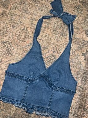 Denim Halter Crop Top - Blue